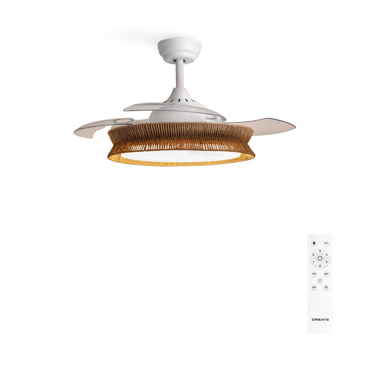 CREATE Wind Clear Ceiling Fan featuring a braided wicker design with white light and retractable blades