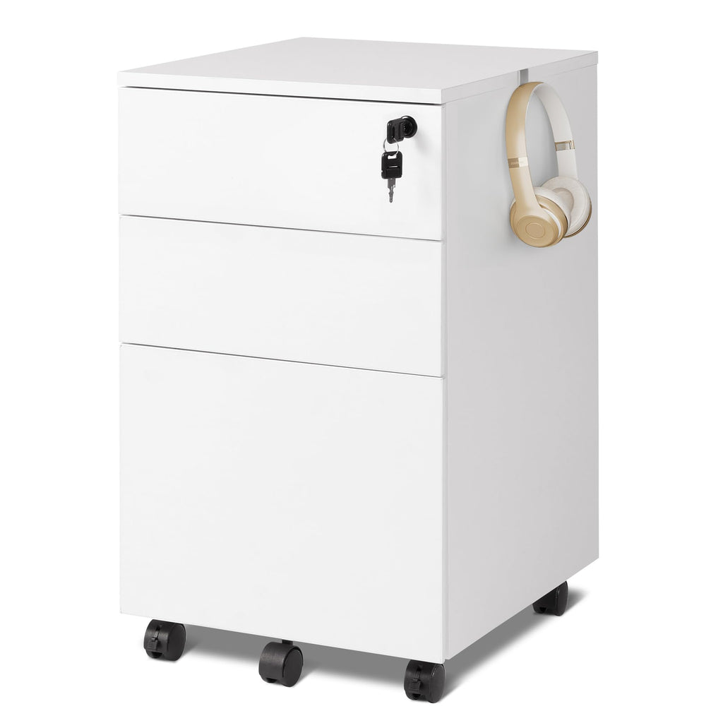 White DEVAISE 3 drawer filing cabinet with lockable top drawer and smooth ball bearing slides