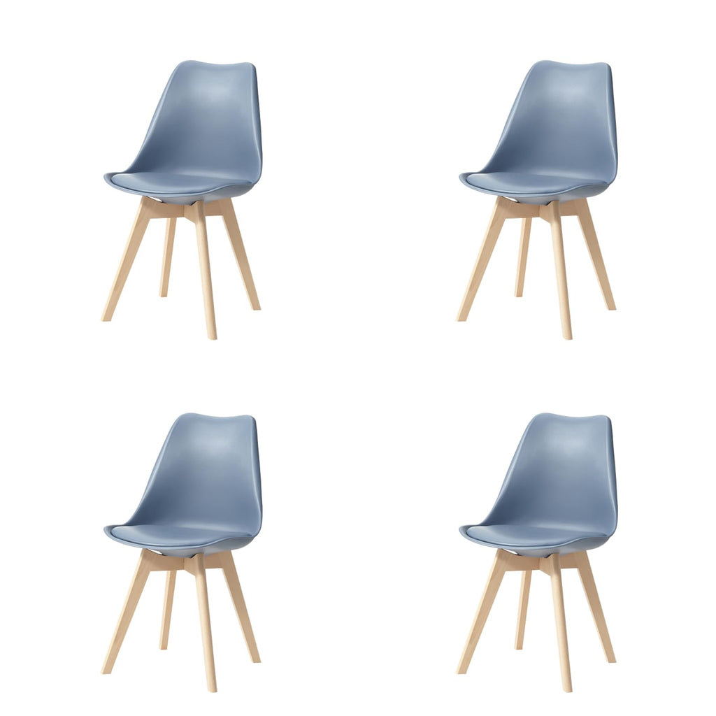 Set of 4 modern blue dining chairs with solid wood legs and removable cushions