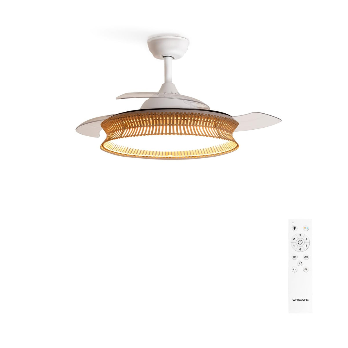 CREATE Wind Clear Ceiling Fan with white light and wicker knot, featuring 6 speeds and retractable blades