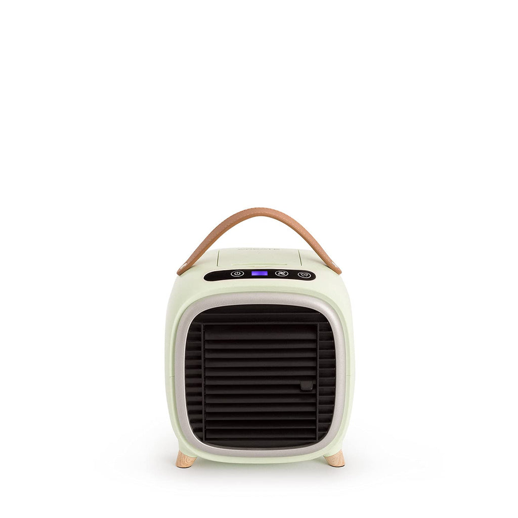 CREATE Mini Desktop Air Conditioner with green retro design, LCD touch panel, and leather handle