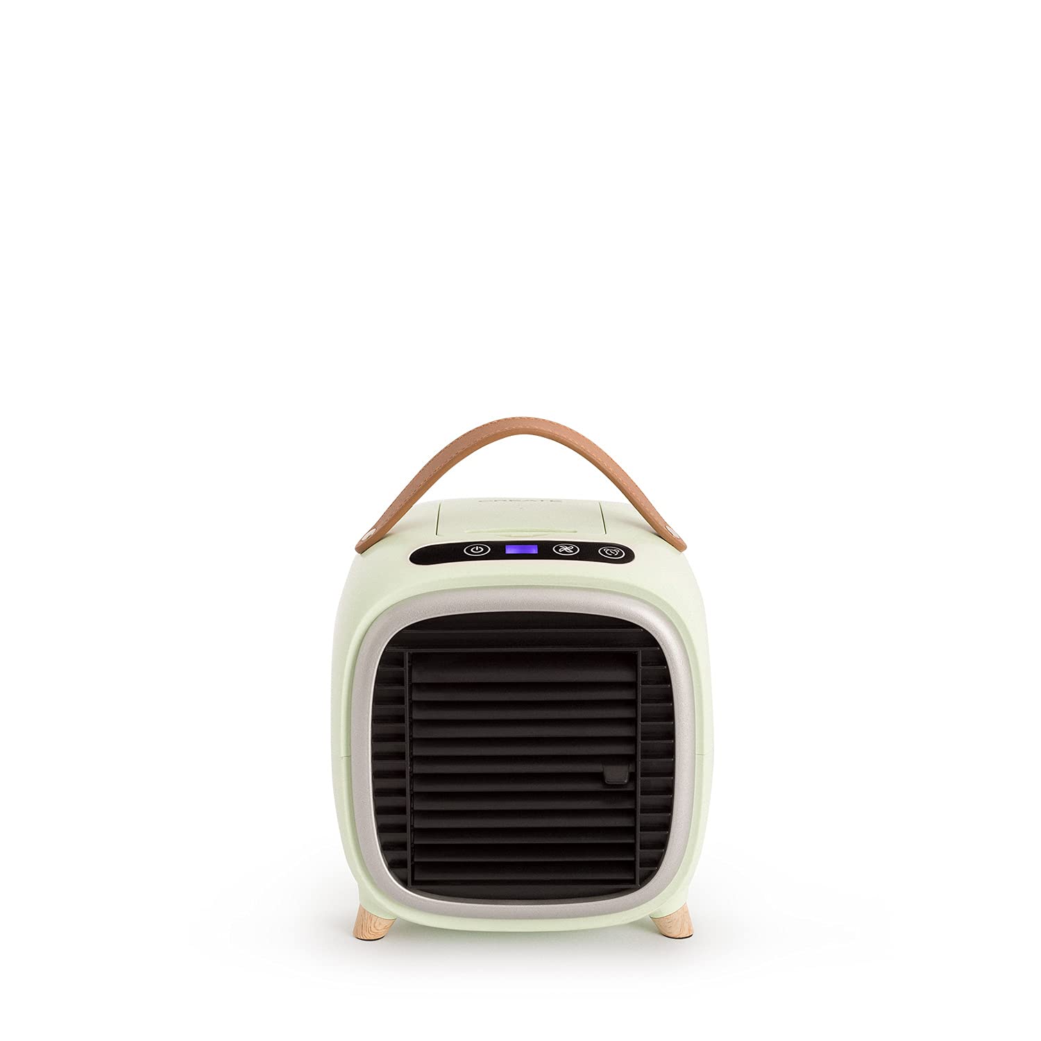 CREATE Mini Desktop Air Conditioner with green retro design, LCD touch panel, and leather handle