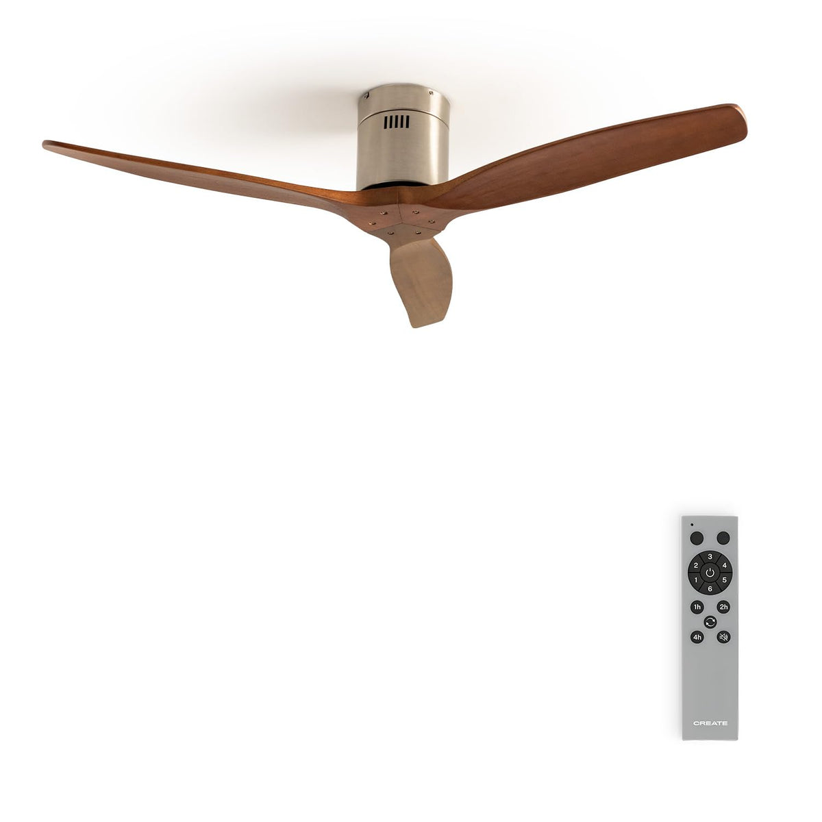 Create Windcalm Natural Wood M Ceiling Fan with nickel blades and remote control