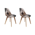 Set of 2 Scandinavian style patchwork chairs with wooden legs and multicolored fabric seats