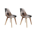 Set of 2 Scandinavian style patchwork chairs with wooden legs and multicolored fabric seats