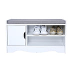 Heute shoe storage bench with padded seat cushion, modern white finish