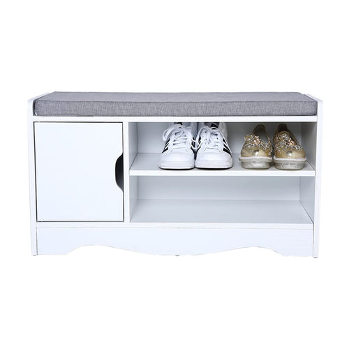 Heute shoe storage bench with padded seat cushion, modern white finish