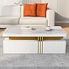 BTM Modern Rectangular Coffee Table with Two Wooden Drawers, Glossy Imitation Marble Tabletop, White