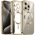 JETech Magnetic Case for iPhone 15 Pro Max in gold, showcasing its clear TPU design and camera protection features