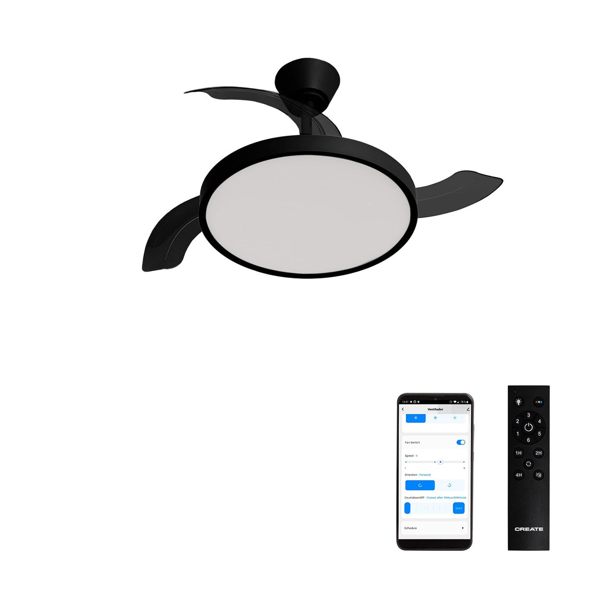 CREATE WIND CLEAR S Ceiling Fan with black light, remote control, and Wi-Fi features