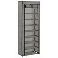 Grey fabric shoe cabinet with cover, 8-tier design, zip closure, and wall attachment device