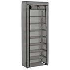 Grey fabric shoe cabinet with cover, 8-tier design, zip closure, and wall attachment device