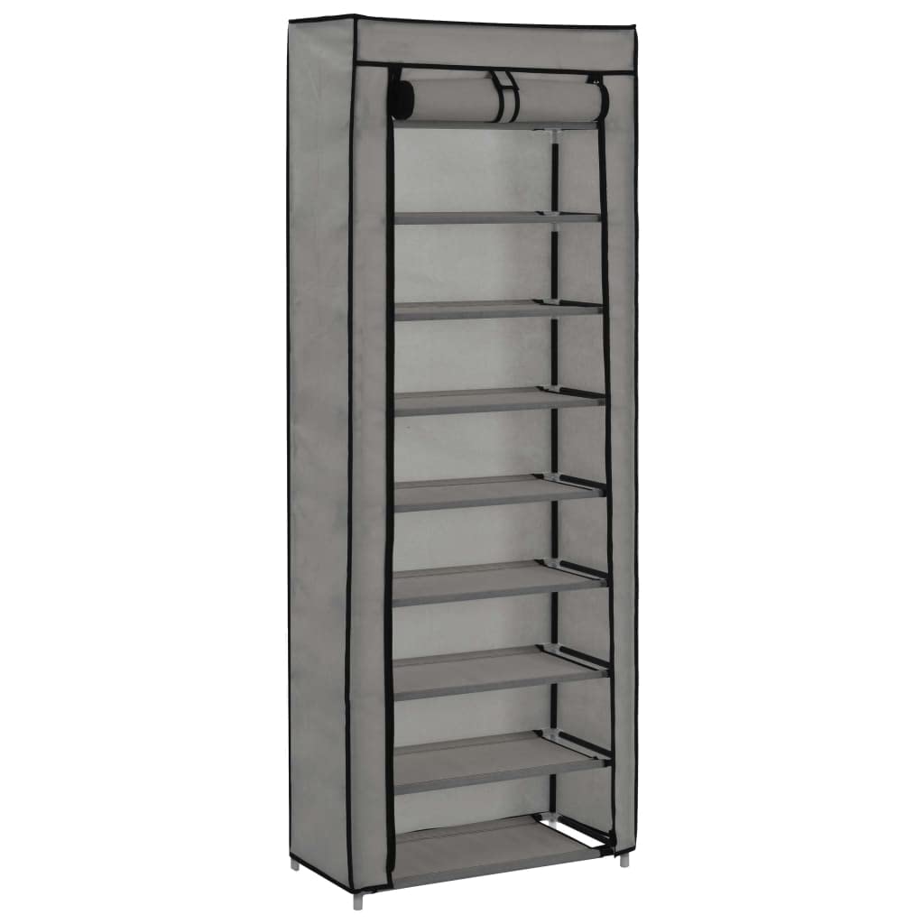 Grey fabric shoe cabinet with cover, 8-tier design, zip closure, and wall attachment device