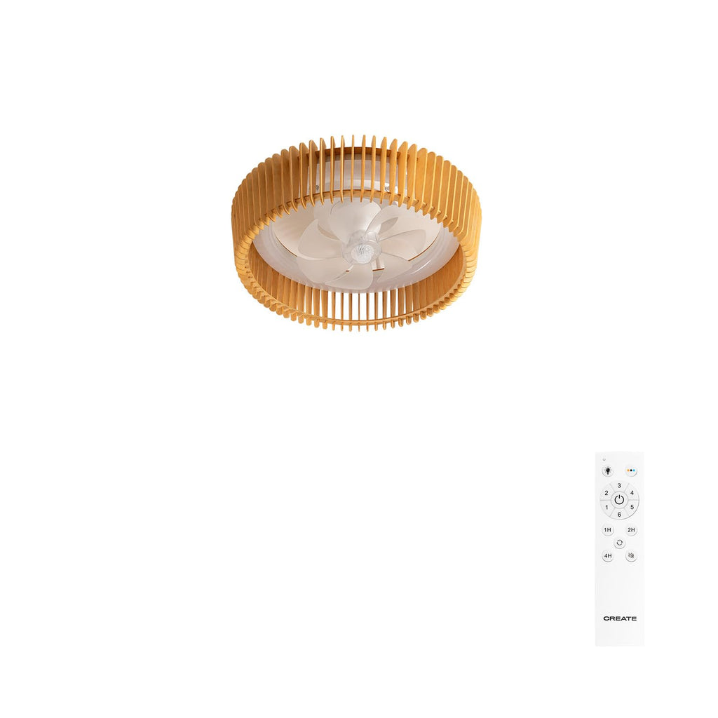 CREATE Wind Craft Ceiling Fan with wooden blades and light, featuring 6 speeds and programmable timer