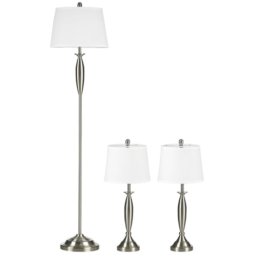 HOMCOM 3-piece floor lamp set with a floor lamp and two table lamps in silver and white with fabric shades