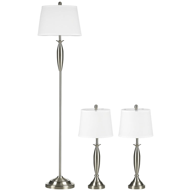 HOMCOM 3-piece floor lamp set with a floor lamp and two table lamps in silver and white with fabric shades