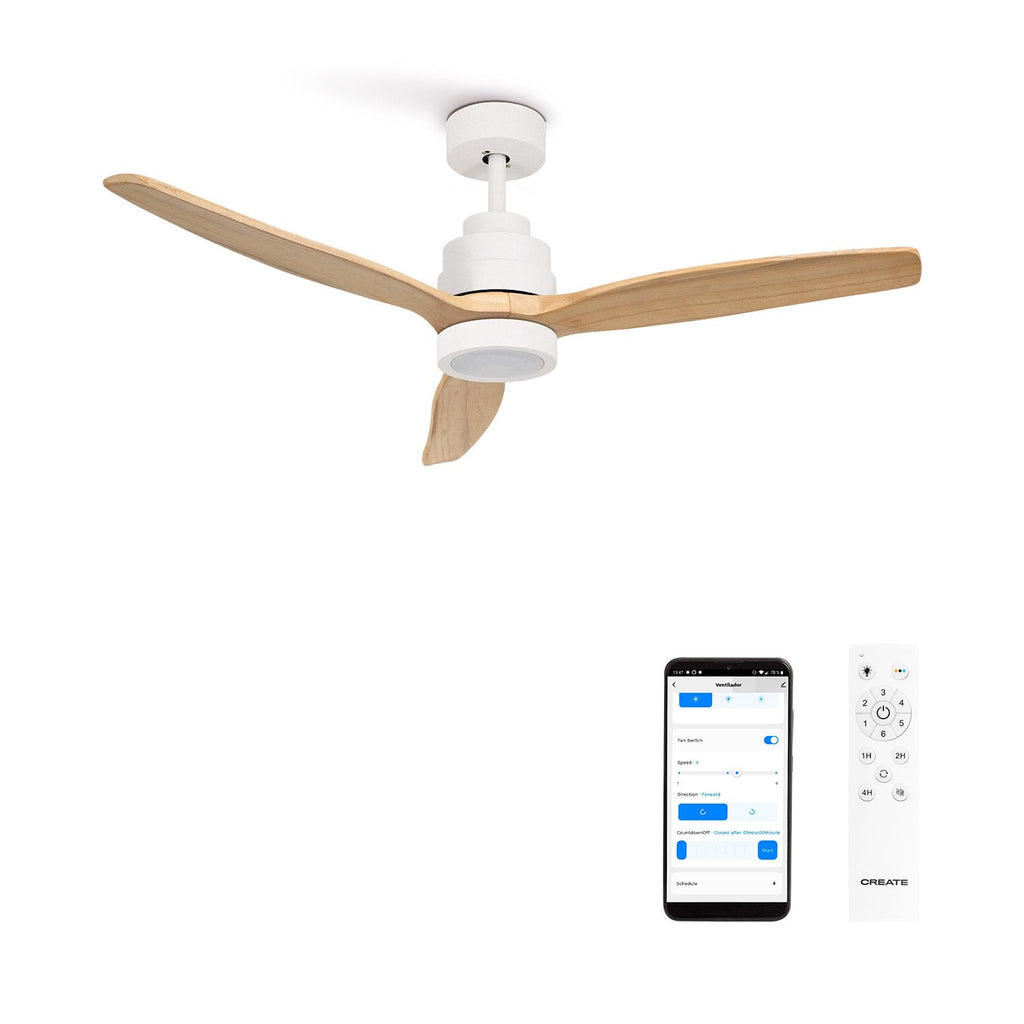 CREATE Ceiling Fan with natural wood blades, white light, and Wifi connectivity