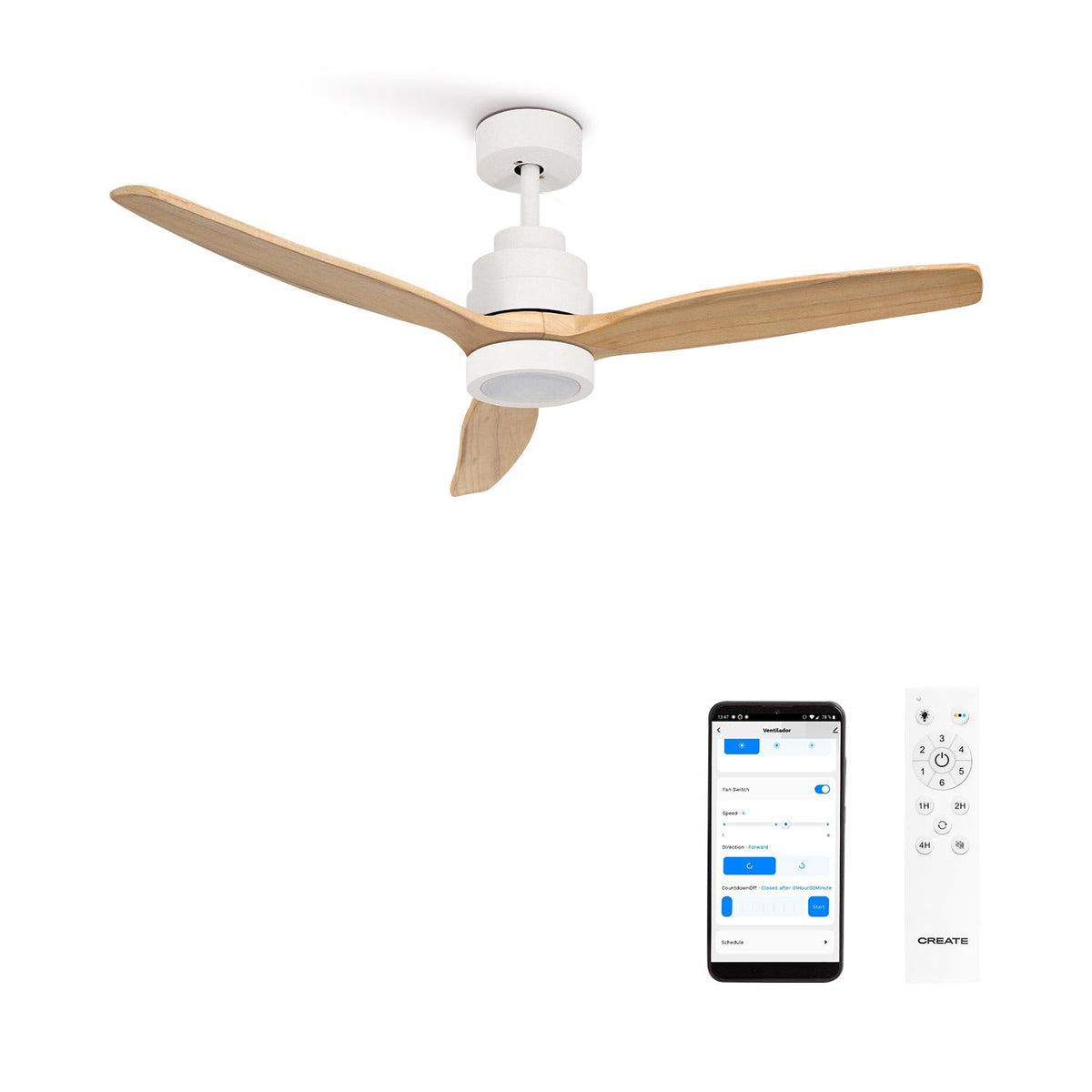 CREATE Ceiling Fan with natural wood blades, white light, and Wifi connectivity