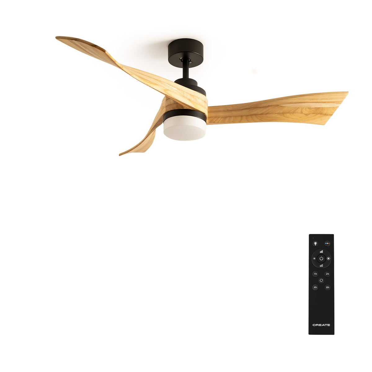 CREATE Wind Curve Ceiling Fan with black natural wood wings and lighting