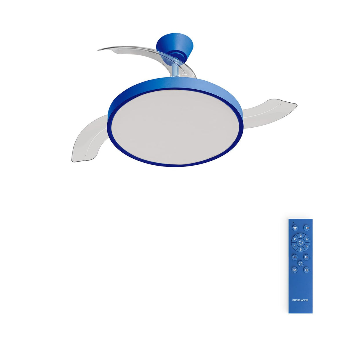 CREATE WIND CLEAR STUDIO M Ceiling Fan featuring cobalt blue LED light and retractable blades