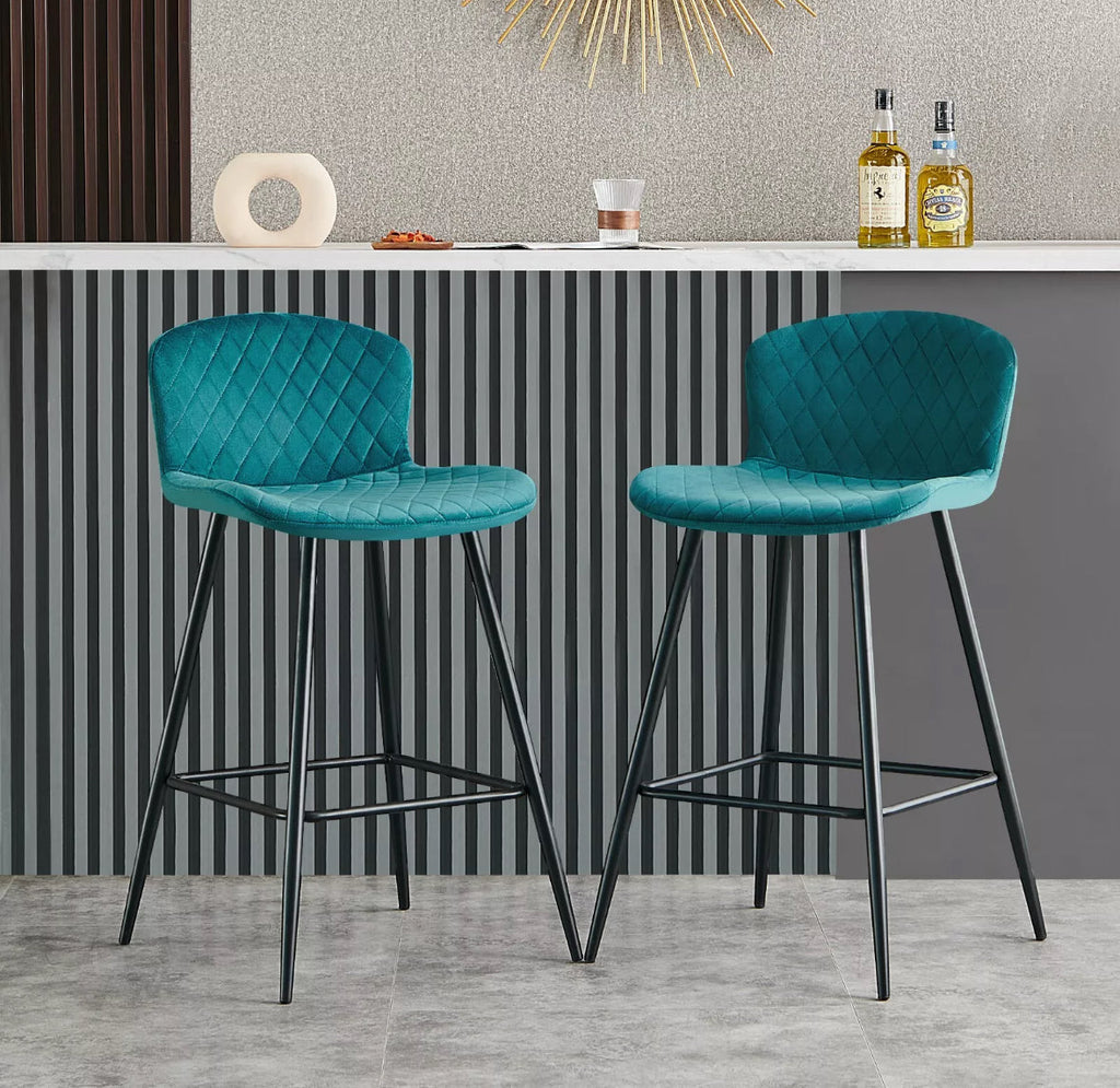 Set of 2 Soft Velvet Seat Bar Chairs with Metal Legs