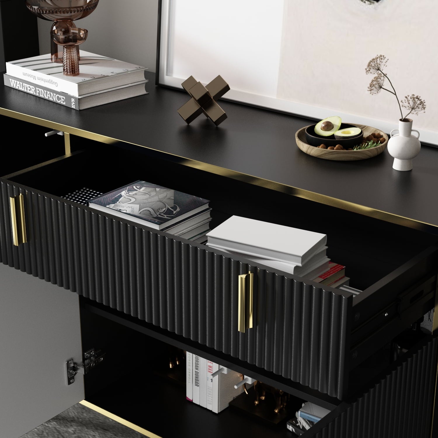 FUFU GAGA Modern 4-Door Buffet Cabinet with Storage Drawer - Black