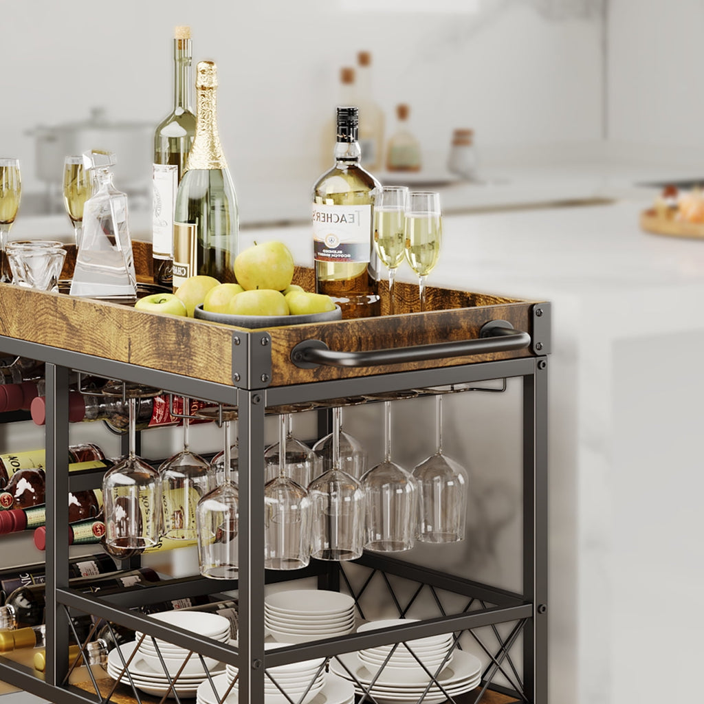 Asofer 3-Tier Bar Cart with Lockable Wheels - Retro