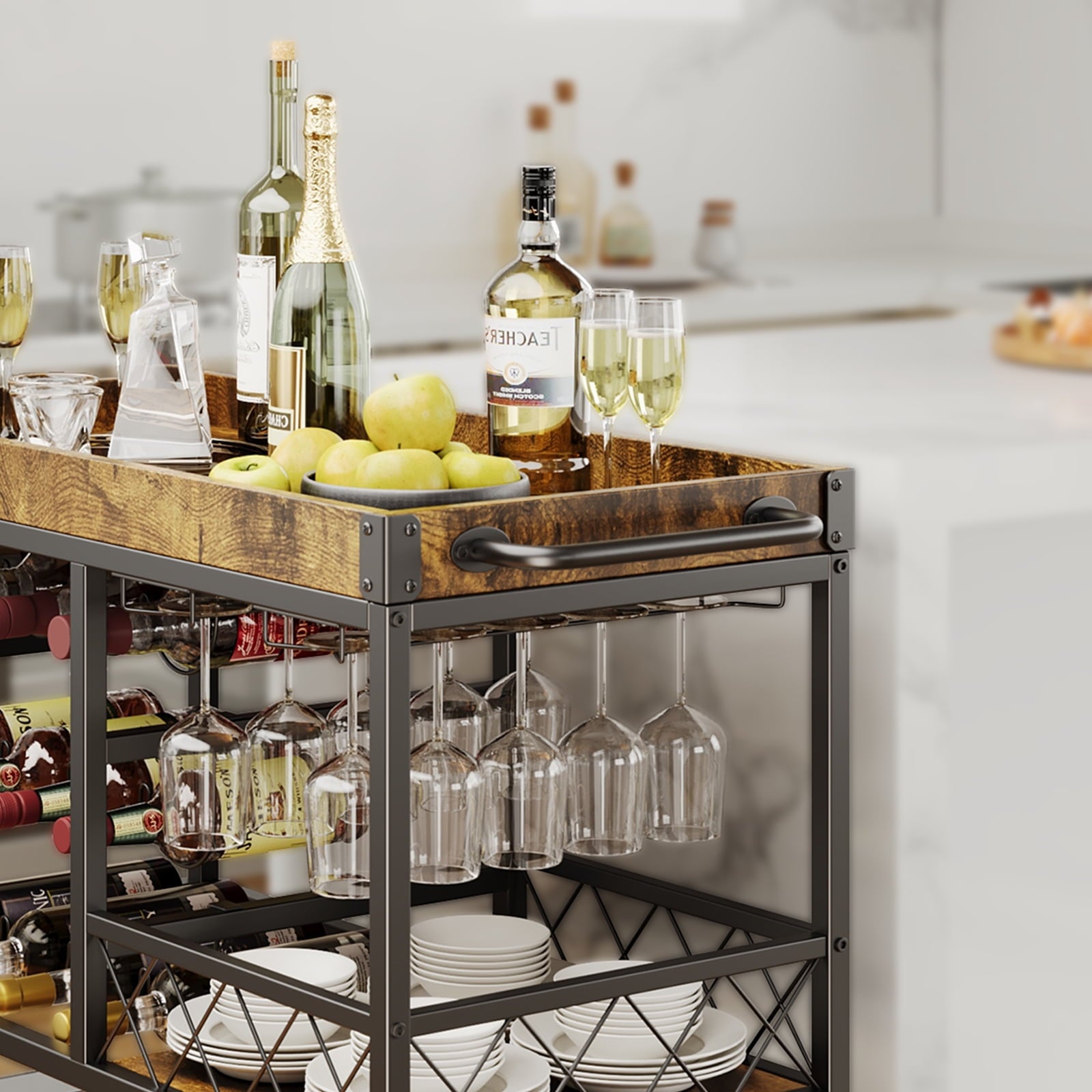 Asofer 3-Tier Bar Cart with Lockable Wheels - Retro