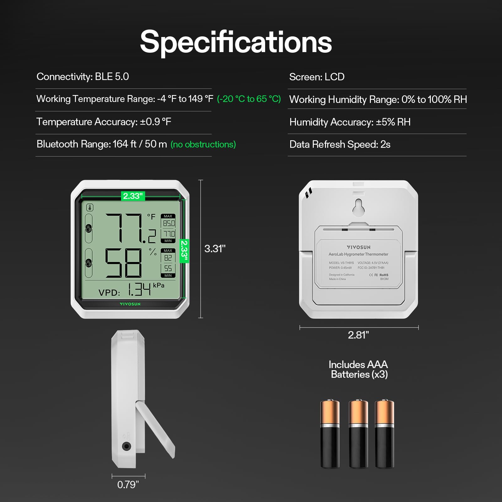 VIVOSUN AeroLab THB1 Wireless Bluetooth Hygrometer Thermometer