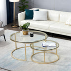 Round nesting coffee table set with gold metal frames and tempered glass tops