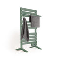 Sage Green Electric Towel Warmer with legs, shelf, timer, and LCD display