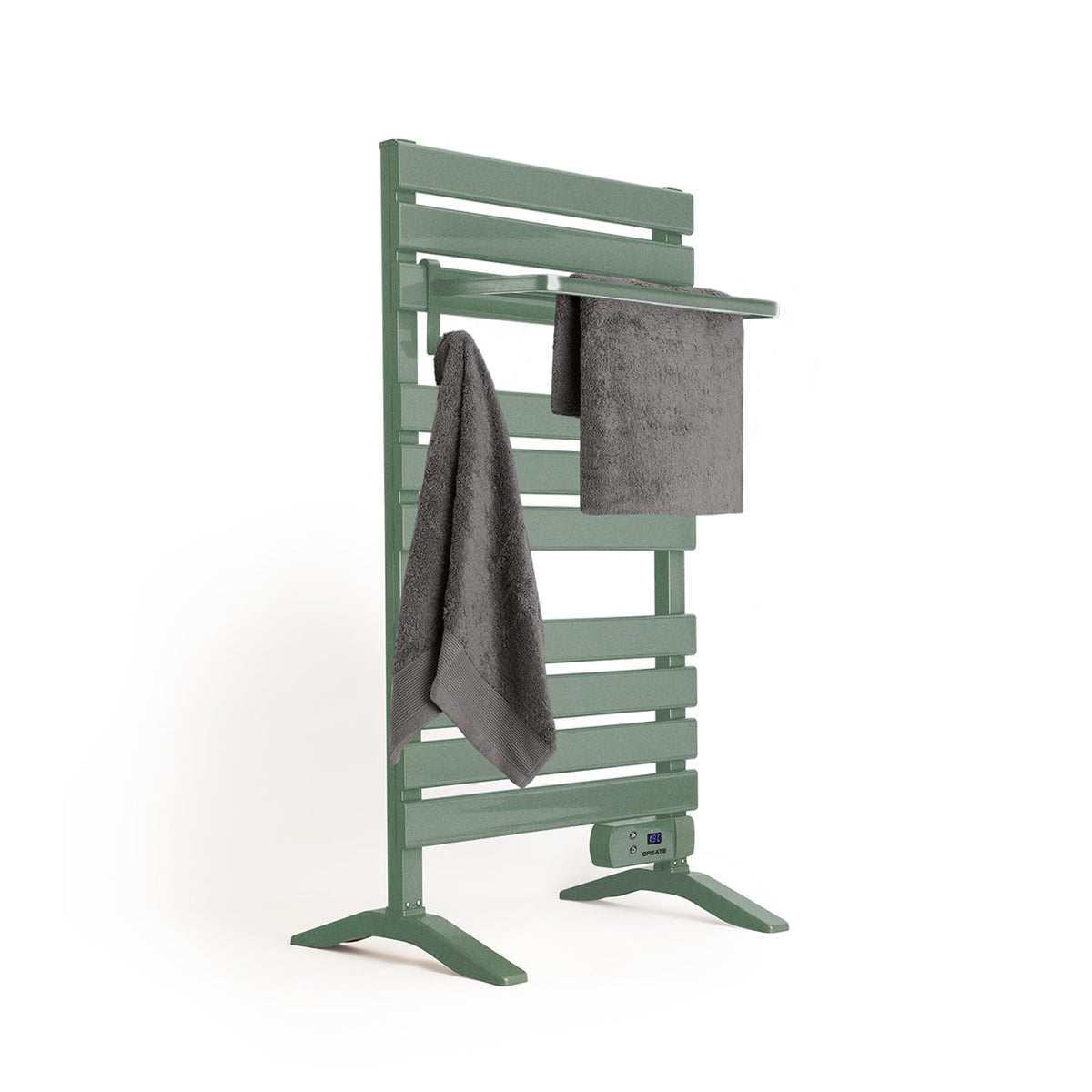 Sage Green Electric Towel Warmer with legs, shelf, timer, and LCD display