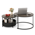 COSTWAY Round Nesting Coffee Tables Set of 2 with Metal Frame and Fabric Storage Basket