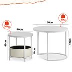 WLIVE White Round Nest of Coffee Tables Set with Fabric Basket