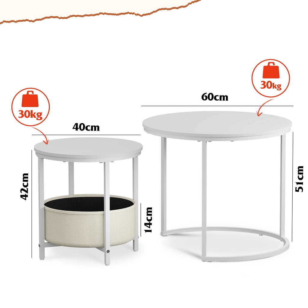 WLIVE White Round Nest of Coffee Tables with Fabric Storage Basket