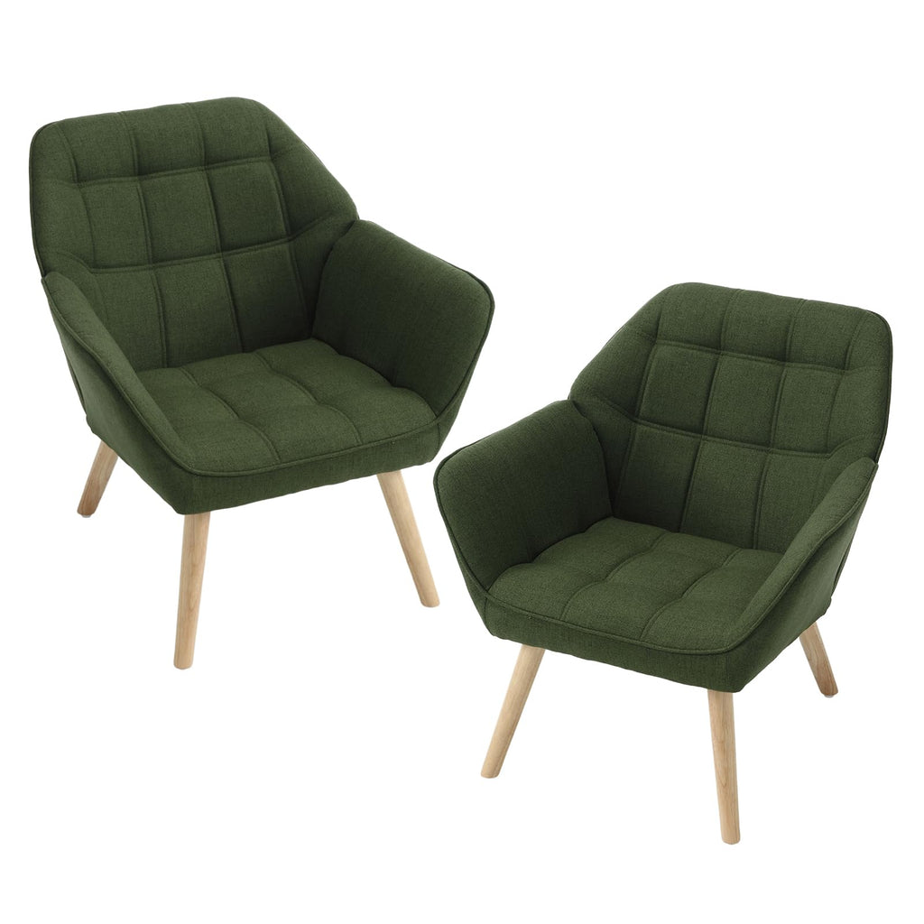 Set of 2 modern linen upholstered armchairs with wooden legs, featuring a wing back and rounded arms