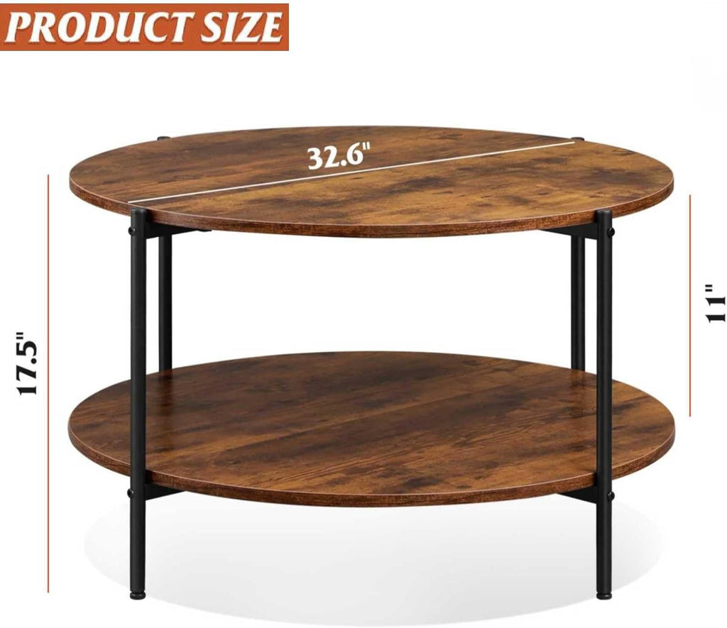 WLIVE Round Industrial Wood Coffee Table with Open Storage