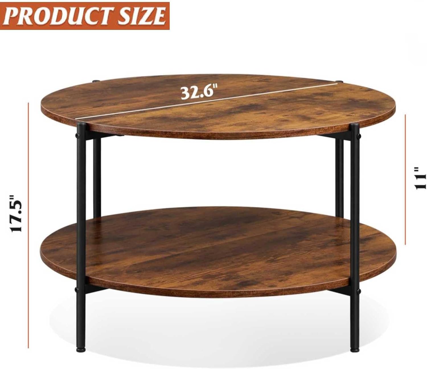 WLIVE Round Industrial Wood Coffee Table with Open Storage