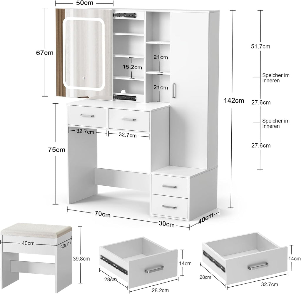 Aiorber Dressing Table with LED Lighting and Stool - White