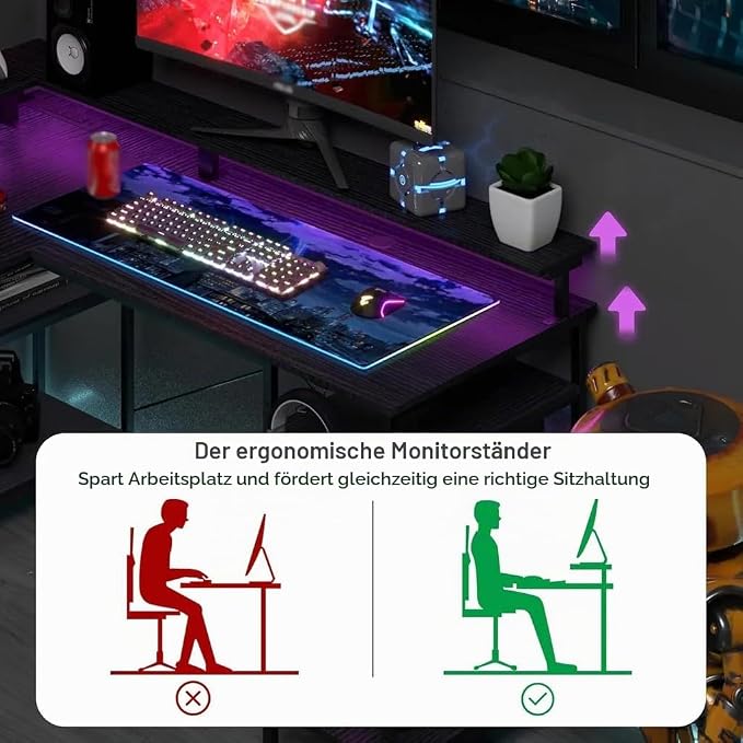 Gaming Desk L-Shaped With LED And Sockets 140 X 140 Cm Corner Desk Reversible Computer Desk With Monitor Shelf 4 Shelves And Side Pockets For Home Office And Office