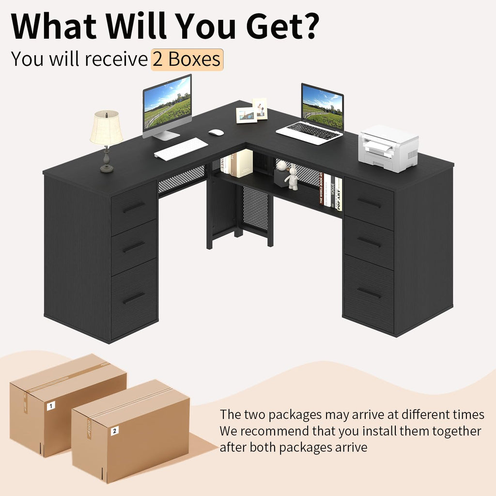 HSH Black L Shaped Desk with File Drawers and Shelves