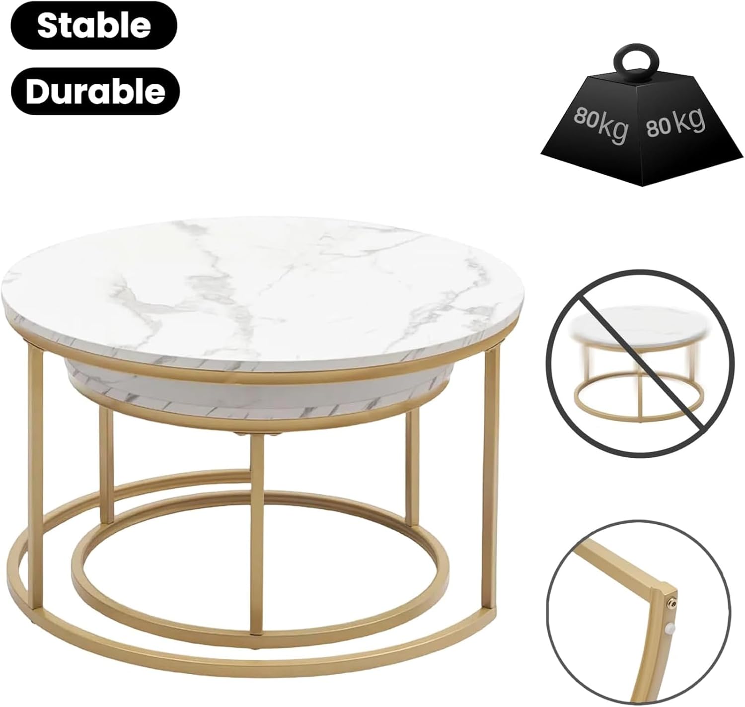 Ginhow Set of 2 Round Coffee Tables White Marble Design