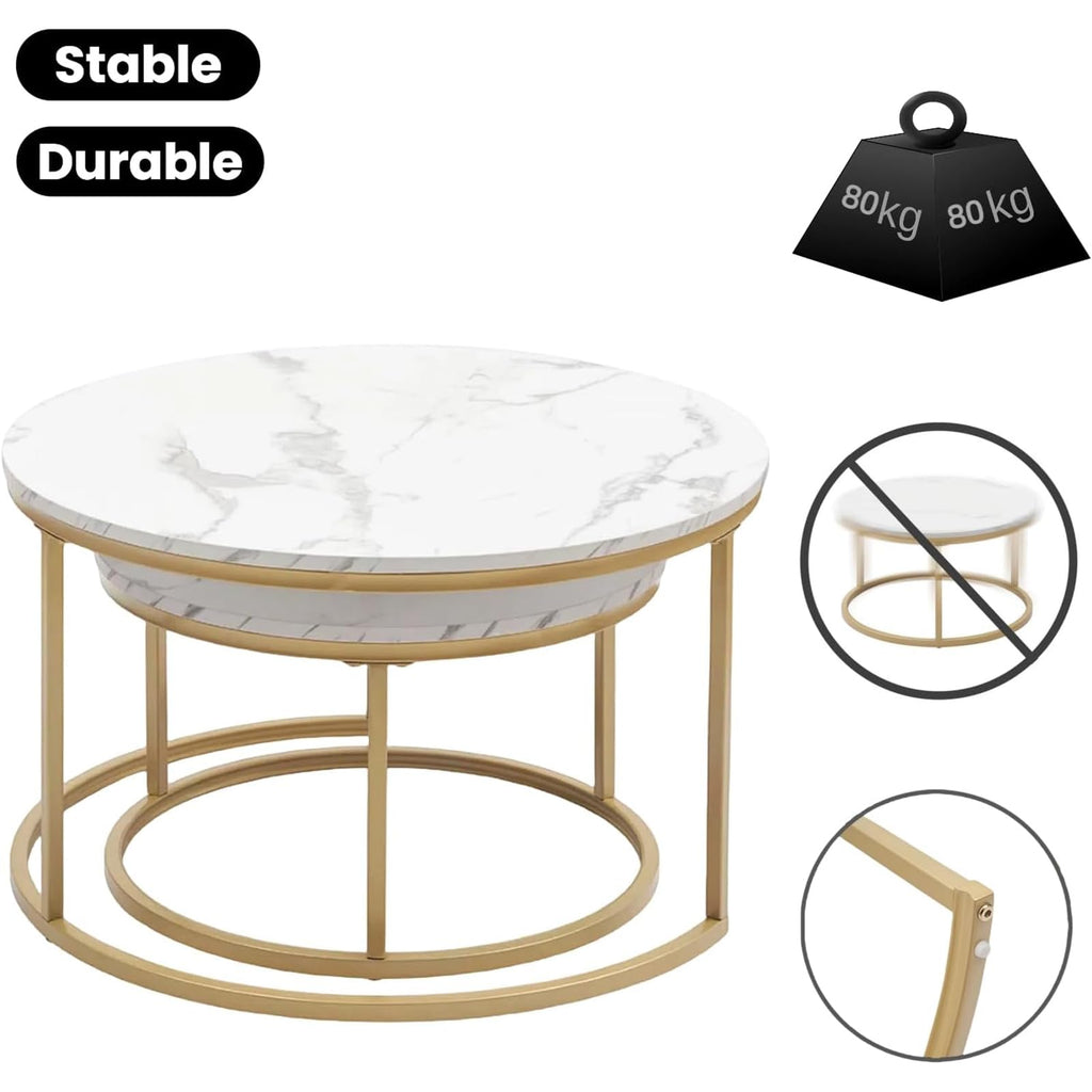Ginhow Set of 2 Round Coffee Tables with Marble Design