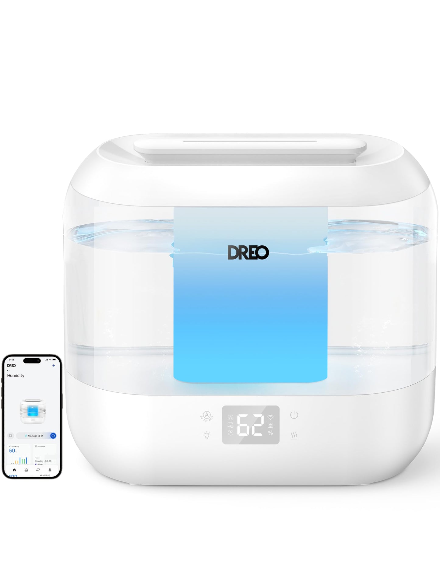 Dreo Smart Humidifiers for Bedroom, Top Fill 4L Cool Mist Humidifier with Nightlight, 32H Runtime, Touch/APP/Voice Control, Quiet Ultrasonic Humidifiers for Large Room, Home, Baby, Plants, Office