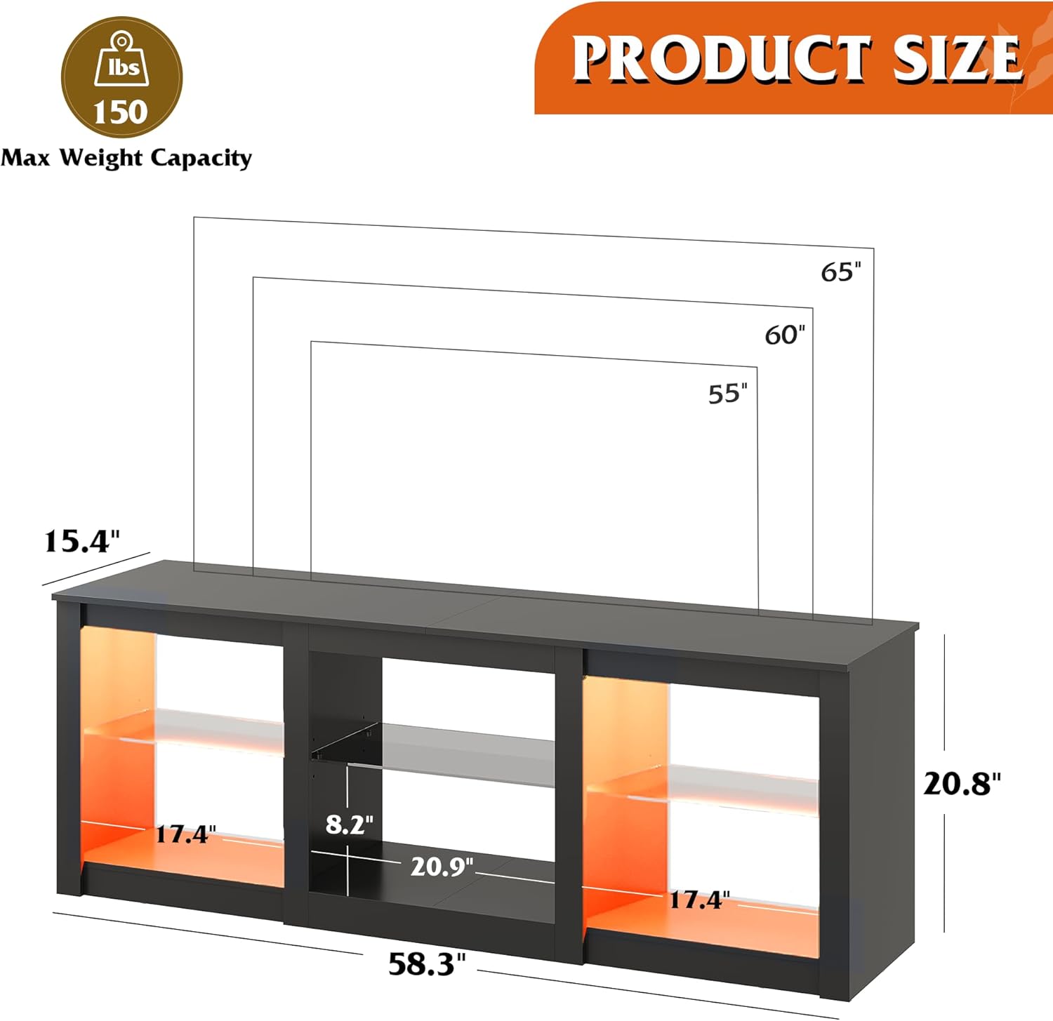 WLIVE Modern Storage LED TV Stand with Glass Shelves