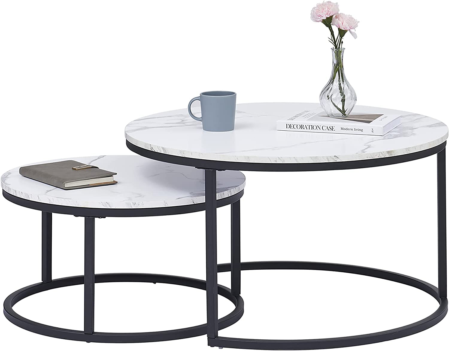 HJhomeheart Set of 2 Round Side Tables in Black and White