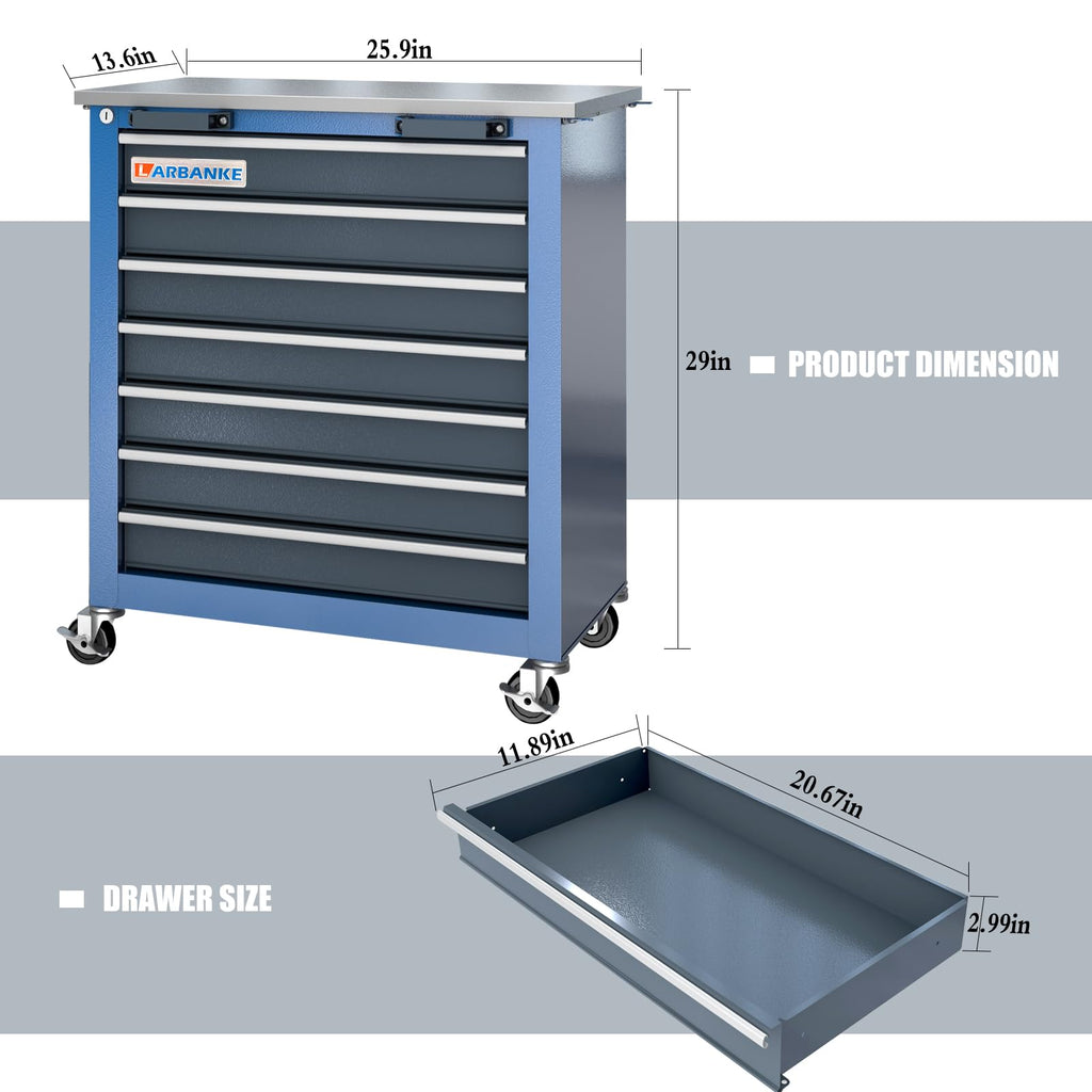 LARBANKE 7-Drawer Tool Cabinet with Stainless Steel Workbench