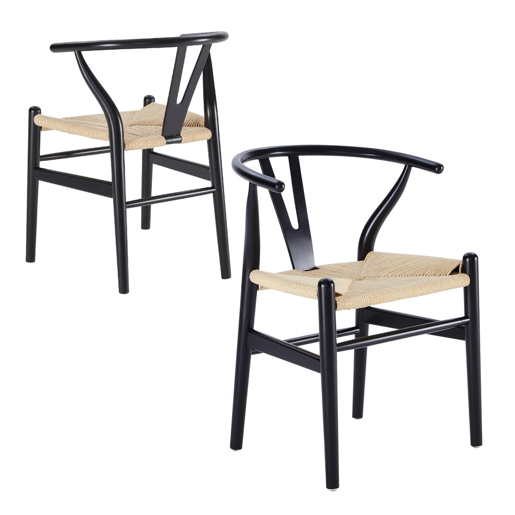 Set of two VODUR Wishbone dining chairs made of natural ash wood with black and natural cord rattan seats