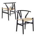 Set of two VODUR Wishbone dining chairs made of natural ash wood with black and natural cord rattan seats