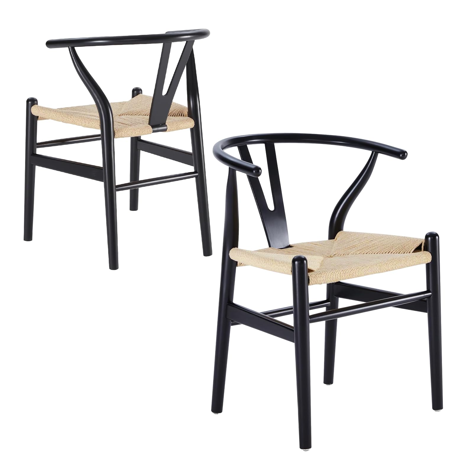 Set of two VODUR Wishbone dining chairs made of natural ash wood with black and natural cord rattan seats